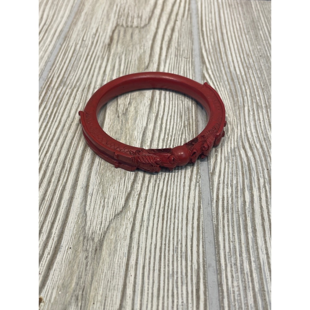 Vintage Red Cinnabar Style Carved Dragon Bangle Bracelet Mythical Asian Design